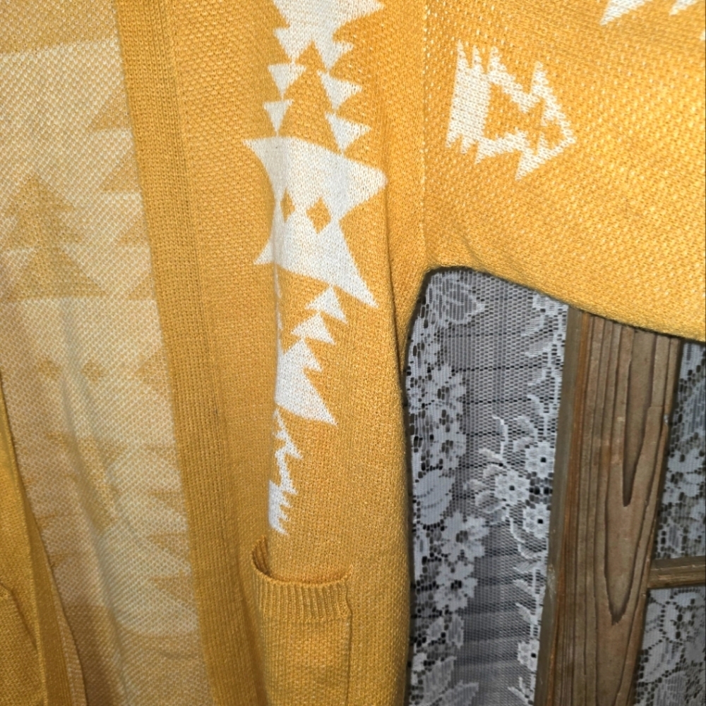 L Love Mustard Yellow Cardigan Sweater, Aztec, Long Sleeve, Small - Picture 3 of 6